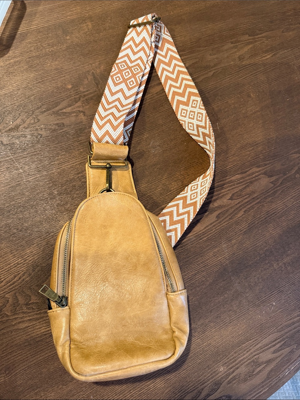 Threaded Pear Camel Vegan Leather Crossbody Sling Bag w/ Geometric Strap